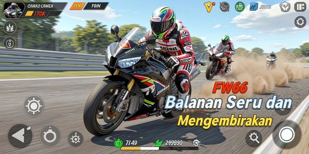 Screenshot FW66 menunjukkan serunya balapan motor di trek yang beragam.