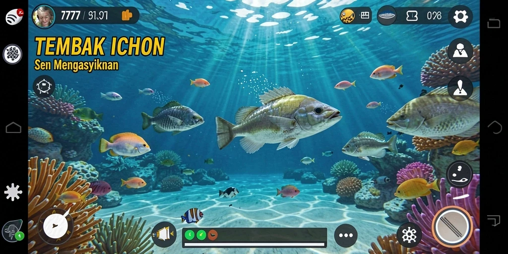 Screenshot gameplay L777 menampilkan pemain menangkap ikan dengan senjata.