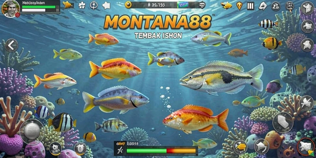 Gameplay MONTANA88 yang seru menembak ikan di bawah laut.