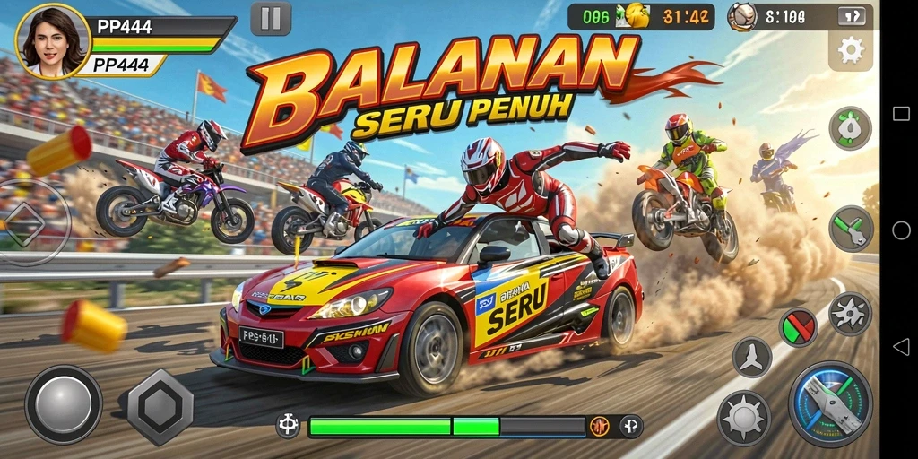Screenshot gameplay PP444 menampilkan aksi balapan yang mendebarkan.