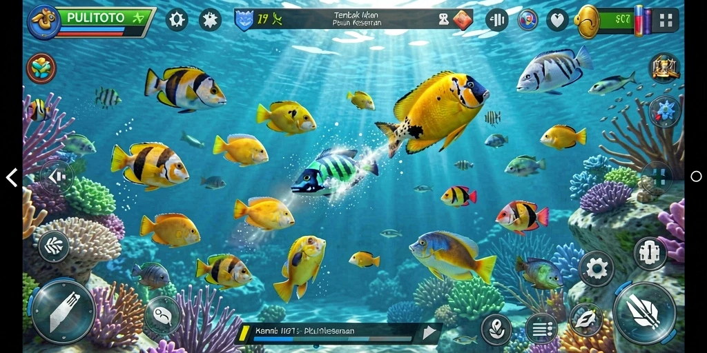 Tampilan gameplay PULITOTO yang menarik dengan aksi Tembak Ikan seru.