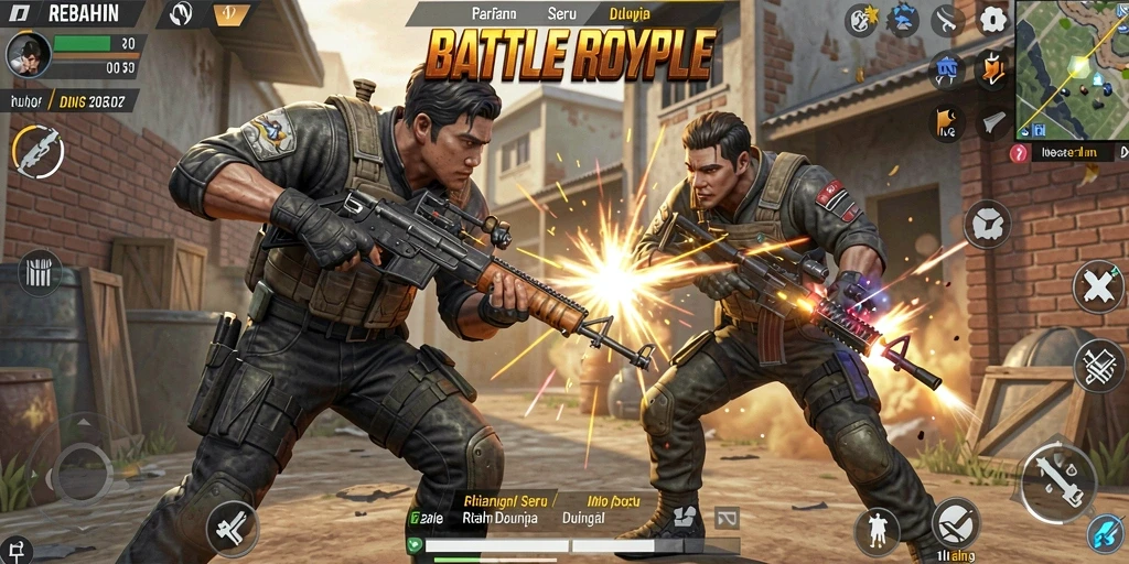 Tangkapan layar menunjukkan aksi seru gameplay Battle Royale REBAHIN.