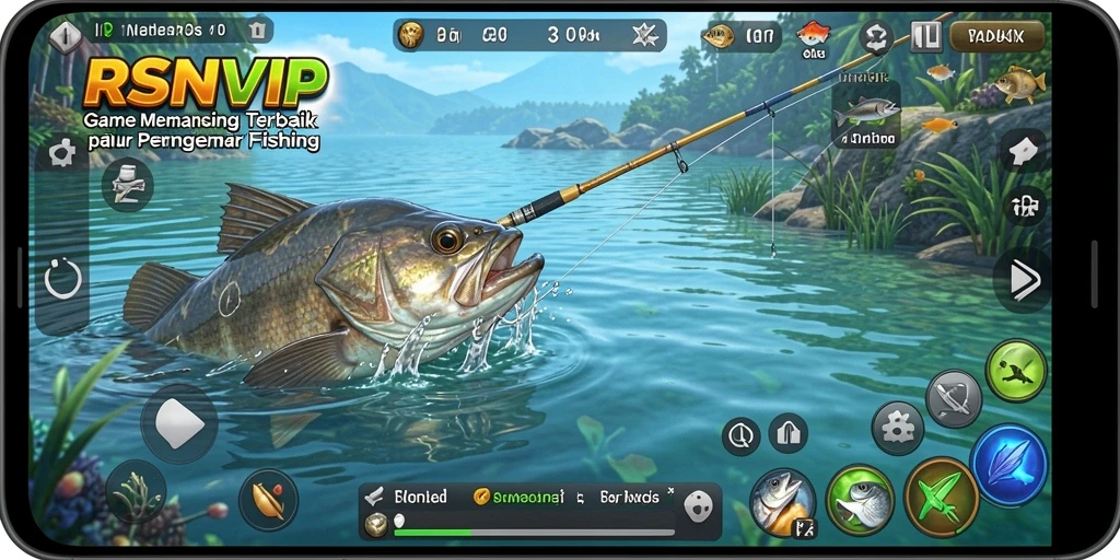 Screenshot utama RSNVIP menampilkan gameplay seru saat memancing ikan.