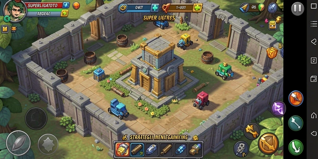 Tampilan gameplay SUPERLIGATOTO menampilkan strategi menara yang intens.